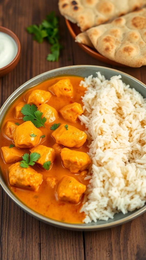 Butter Chicken Inspired by Jungkook A plate of butter chicken with rice and naan, garnished with cilantro.